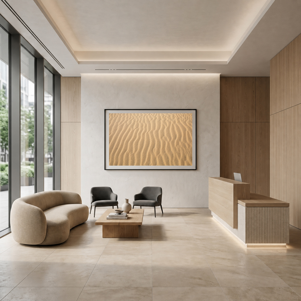 Modern corporate office lobby with framed linear sand dunes photograph by Dan Sproul — large format black frame